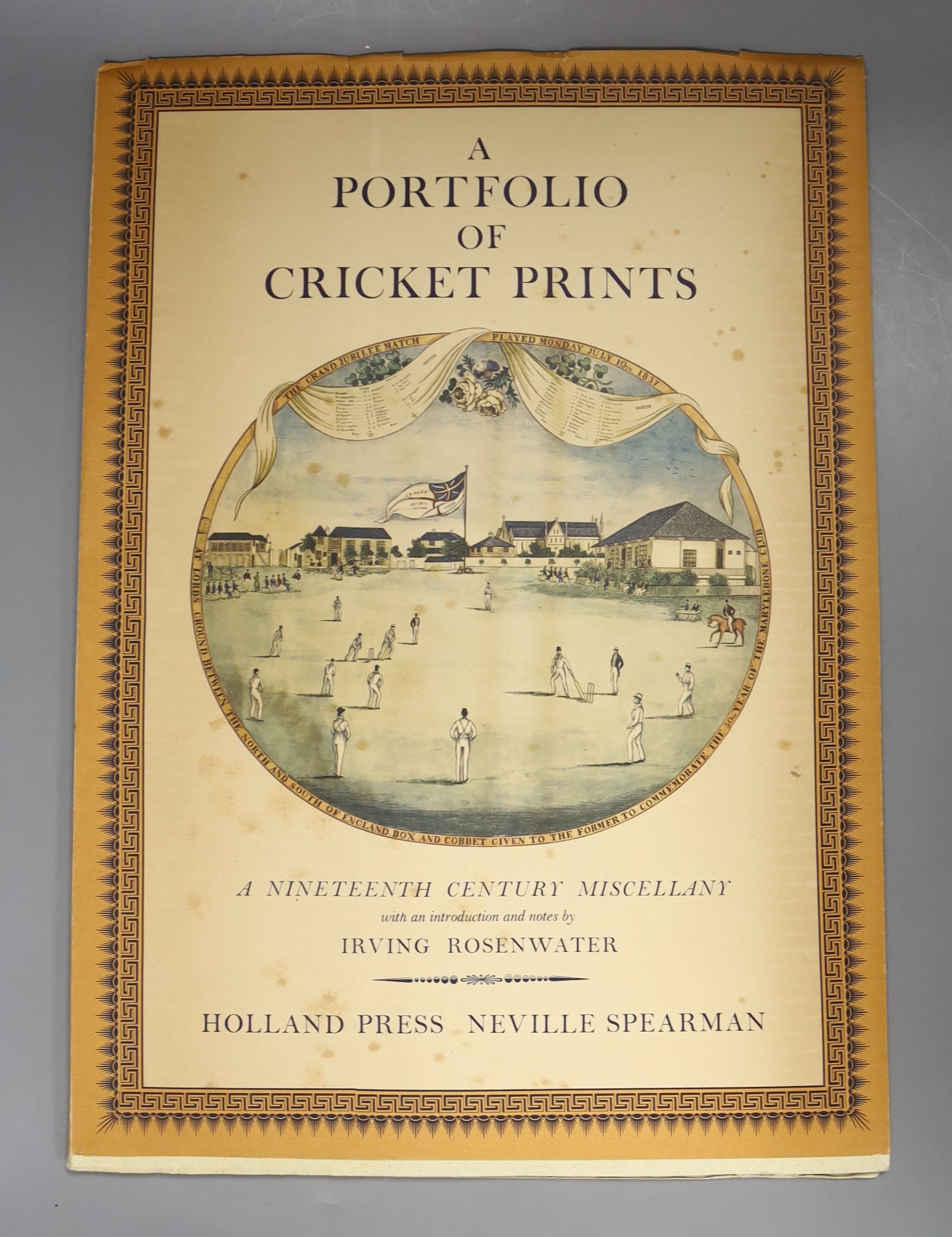 Rosenwater, Irving – A Portfolio of Cricket Prints: a nineteenth century miscellany, 8 coloured plates and some other illus., coloured pictorial wrappers, folio 1962